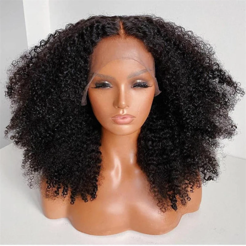 Perruque Lace Front Wig crépue bouclée sans colle pour femme, cheveux de bébé, douce et longue, préplumée, densité 180, noir naturel, 26 pouces, degré de chaleur, 03/3