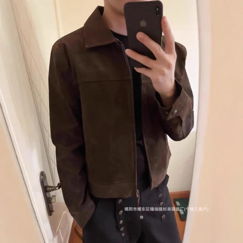 Luxury Brand Bomber Jackets Retro Suede Jacket Men's Spring Autumn Pilot Coat Lapel Men Clothing Varsity Jacket Long-sleeved Top