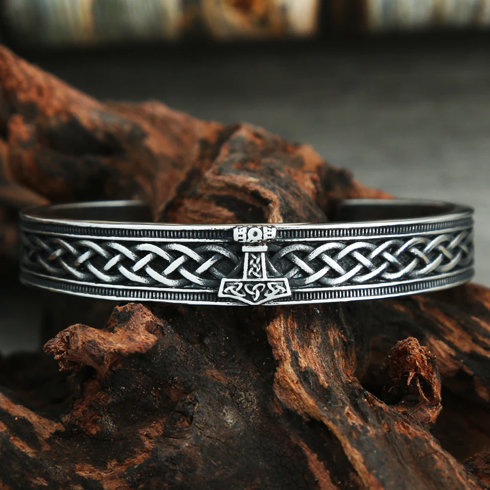 Nordic Vintage Viking Celtic Knot Cuff Bangles For Men Punk Stainless Steel Thor's Hammer Bracelet Biker Amulet Jewelry Gifts view 2