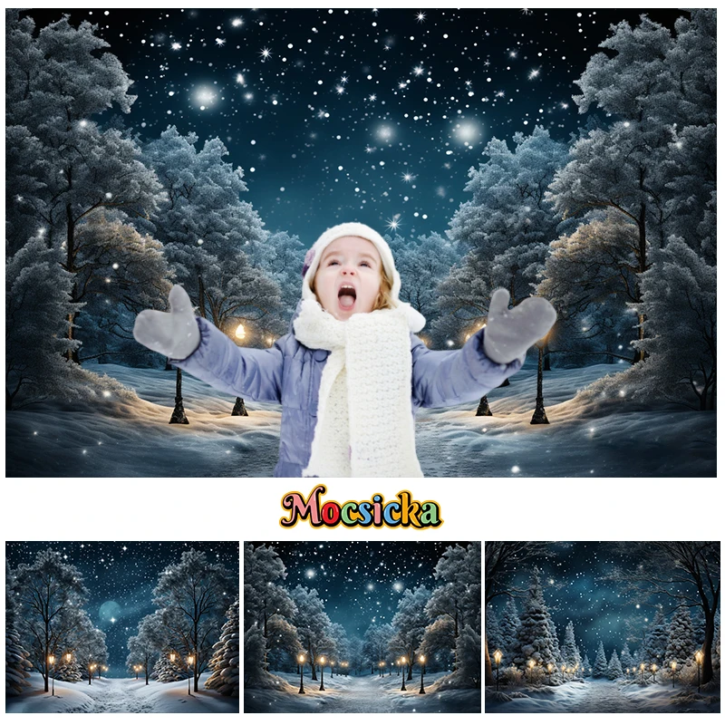 Mocsicka Snowy Forest Xmas Backdrops Kids Adult Photography Backdrops Child Baby Big Moon Christmas Snowflake Trees Background