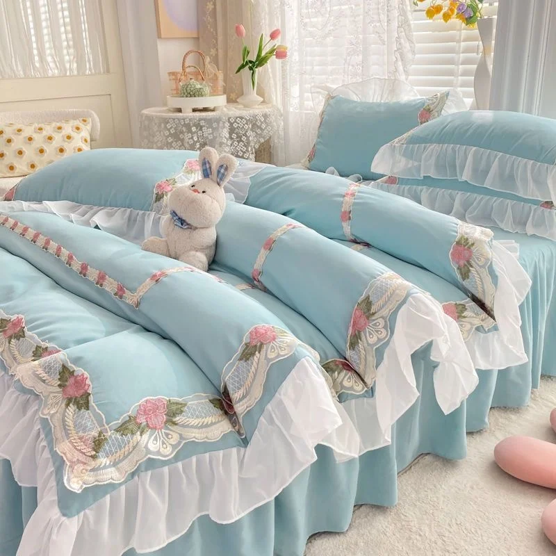 Elegant Embroidery Ruffles Lace Bedding Set Bed Skirt Duvet Cover and Pillowcase In Simple Pure Color for A Graceful Home Decor