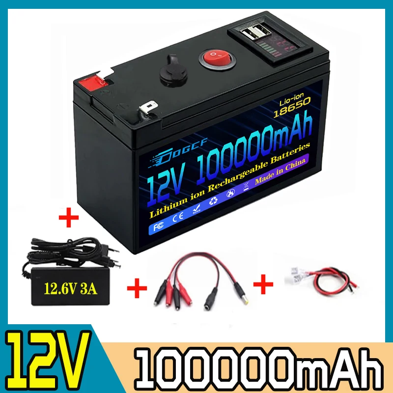 แบตเตอรี่ 12V 100Ah 18650 LiFePO4 แบตเตอรี่ลิเธียมในตัว 5V 2.1A USB Power Display Port Charger + 12.6V 3A Charger