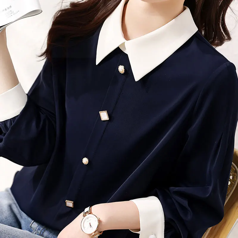 Elegant Fashion Harajuku Slim Fit Blouse Patchwork Button POLO Collar Long Sleeve Tops Women Loose All Match Female Clothes