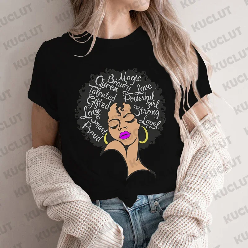 Powerful Afro Women's T-shirt Casual Afro Praying Print Tshirt Black Girl Magic Comfortable Casual Women's Clothing Black Tops