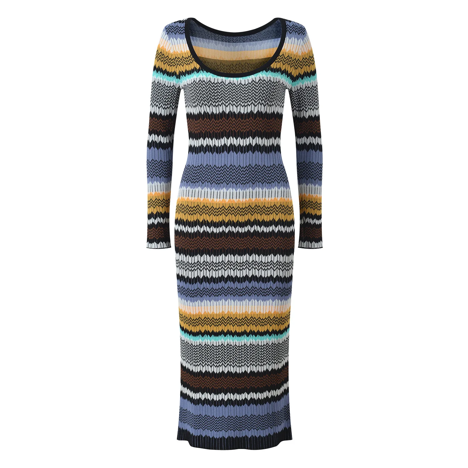 

Micosoni Italian Style High-Quality Knitted Dress Wave Stripe Pattern Slim Fit Butt-Hugging Midi-Length New 2025 Women's Fashion