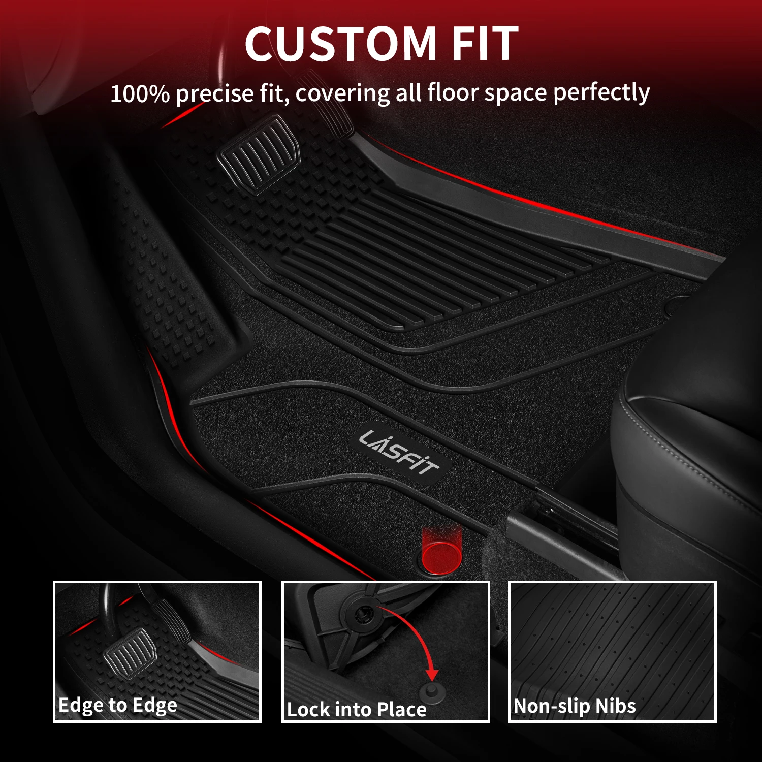 LASFIT Floor Mats fit for Tesla Model 3 2025 2024 1st and 2nd Row Set Custom All Weather TPE Black Floor Liners