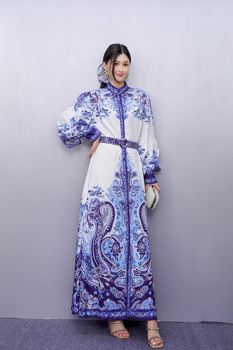 

2025 Spring Summer New Fashion Elegant Printed Loose Long Dresses Women Long Sleeve Dress Female Wholesale J1032