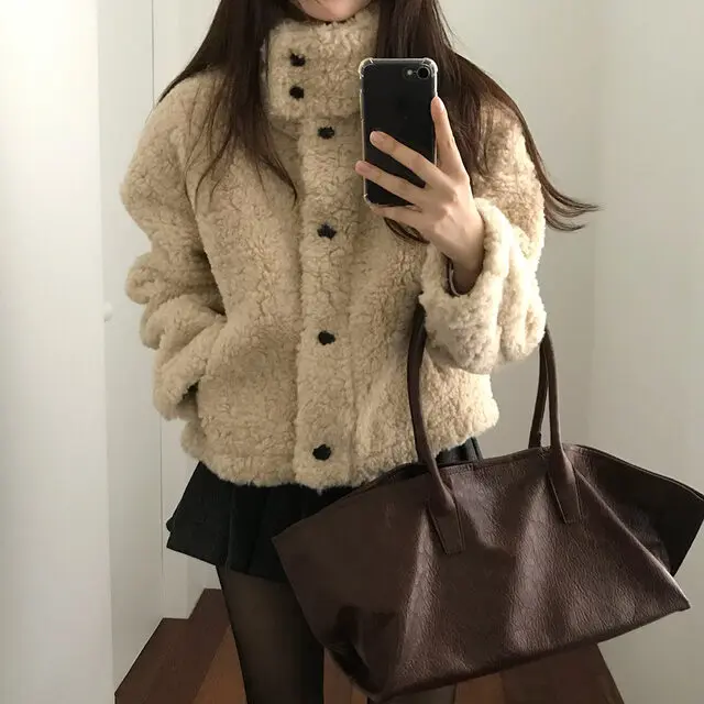 3Colors レディース 韓国プレッピースタイル 暖かいロング厚手ラムファー暖かいコート カジュアルストリート OL アウター（cs3390）