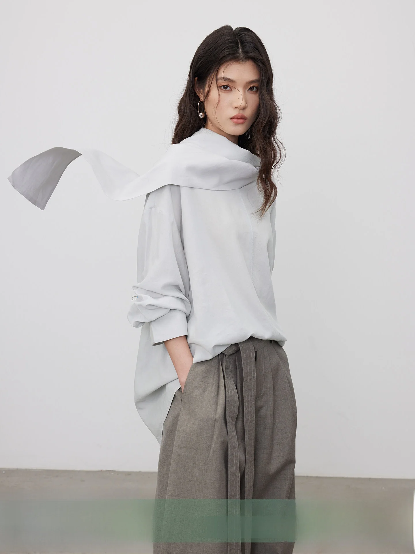 

KEARA Mist Blue Sash Collar Long Sleeve Shirt Women's Spring Summer Loose Commute Shirt Top Korean Style Breathable Skin-Frie...