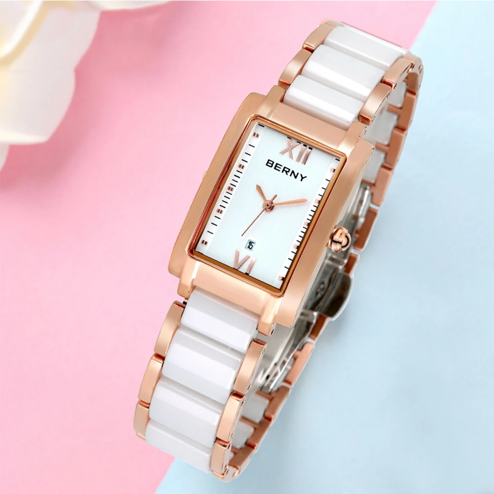 Relojes BERNY para mujer, calendario, fecha, elegante, clásico, rectangular, cerámica, reloj de cuarzo para mujer, reloj de pulsera de lujo TANK a