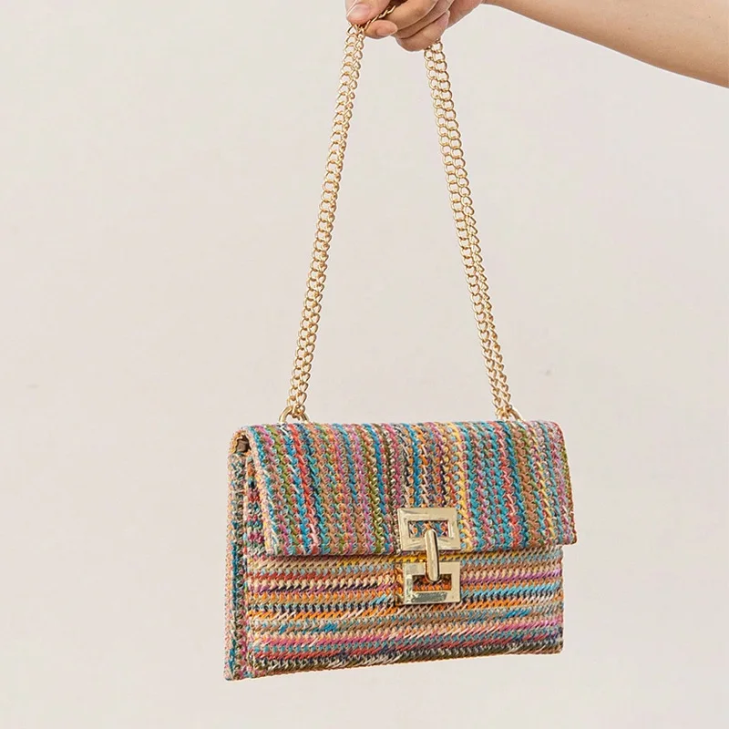 Casual Twist Lock Female Straw Bag For Women Lightweight Colorful Fashion Shoulder Woven Bag Vacation Style Crossbody Bags