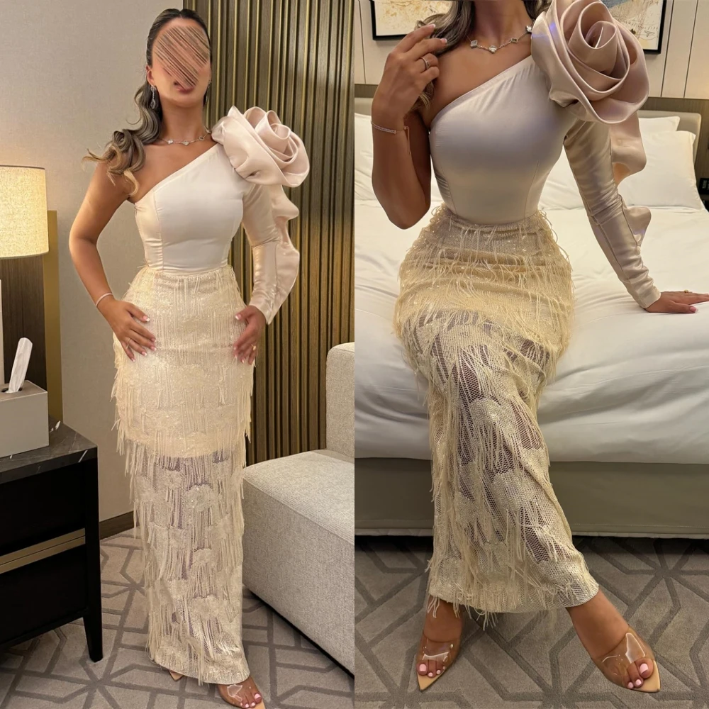 Customized Temperament Jersey  Evening Dress Delicate One Shoulder Long Sleeves Homecoming Dress Modern Zipper Back Prom Dress