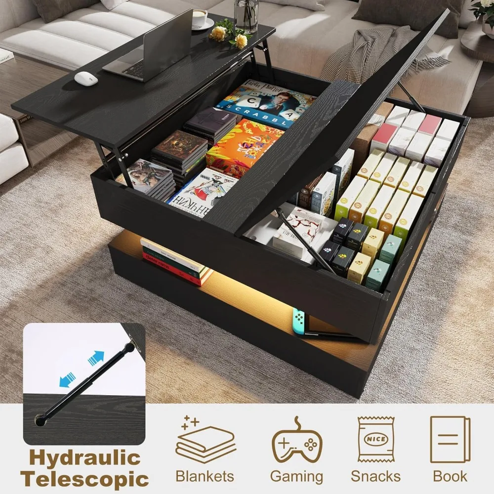 35.4 طاولة قهوة مربعة كبيرة مع سقف رفع، وطاولة مركزية مربعة حديثة مكونة من طابقين مع مساحة تخزين مقصورة مخفية #4