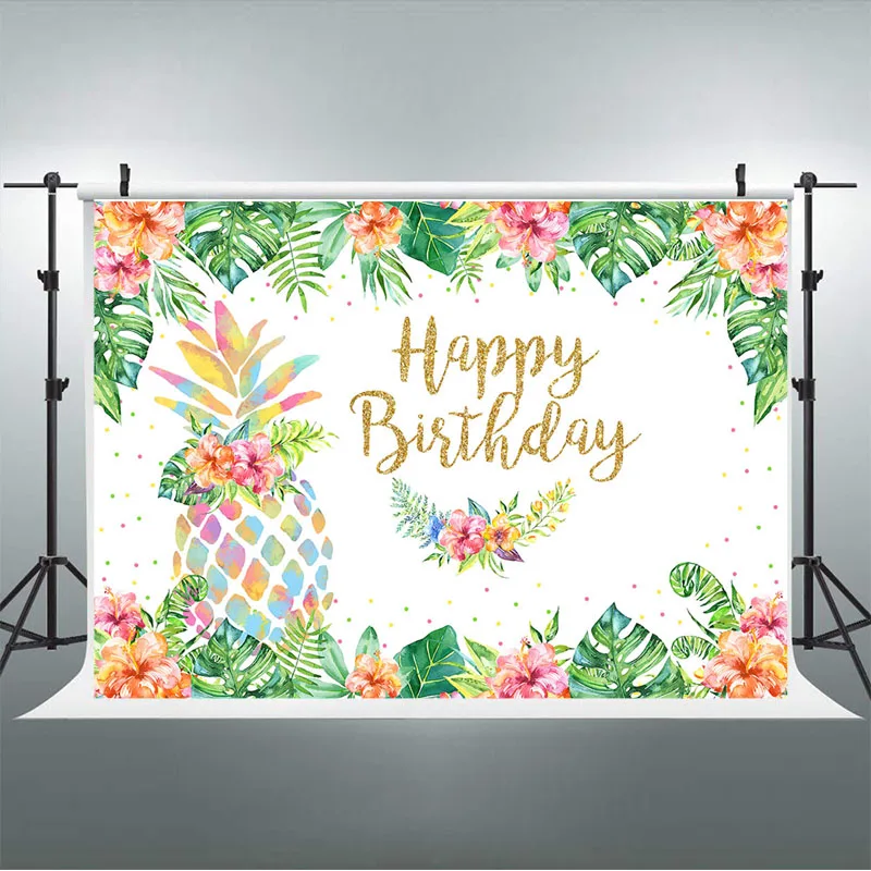 LATAR BELAKANG Fotografi Selamat Ulang Tahun Latar Belakang Foto Bunga Daun Hijau Tropis Bendera Dekorasi Meja Kue Nanas Warna-warni