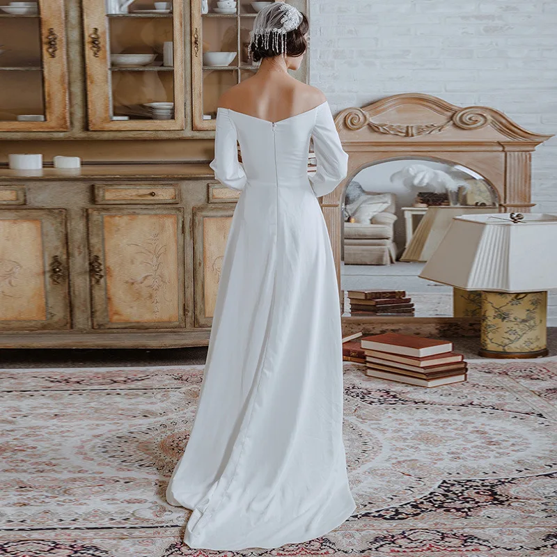 2023 abiti da sposa con spalle scoperte maniche lunghe abito da sposa a trapezio in raso servizio fotografico Tour Backless Robe De Mariée abito da sposa