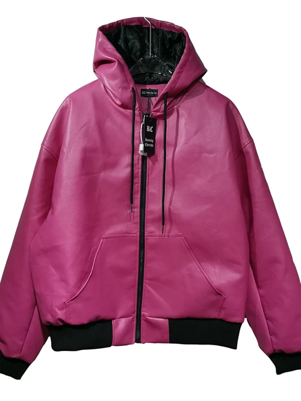 

Retro American Hooded Leather Jaet Embroidered Bae Cotton Insert Thi Jaet ex Casual Versatile Top PU Leather