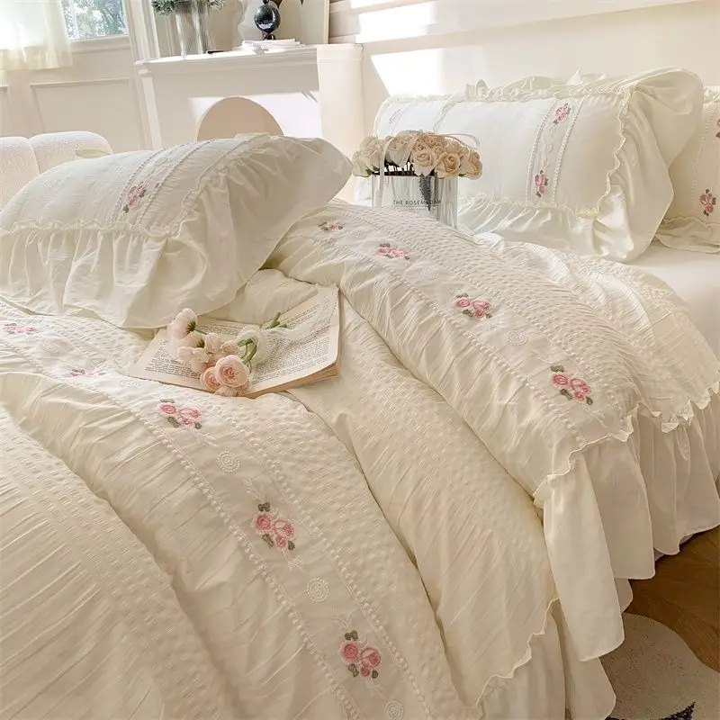 

White French Romantic Bedding Set Flower Embroidered Ruffle Lace Duvet Cover and Bed Sheet Pillowcases Luxury Girls Bed Linens