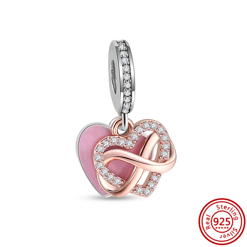 925 Solid Silver Forever Love Infinite Radiant Heart Shiny Rose Gold Two-tone Beads Fit Original Pandora Charms Bracelet Jewelry