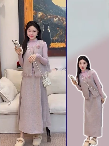 

plus Size Faion Design Loose Long Sve Base irt Vest High Waist Skirt Tee Piece Set Women's Winter Spring Wear