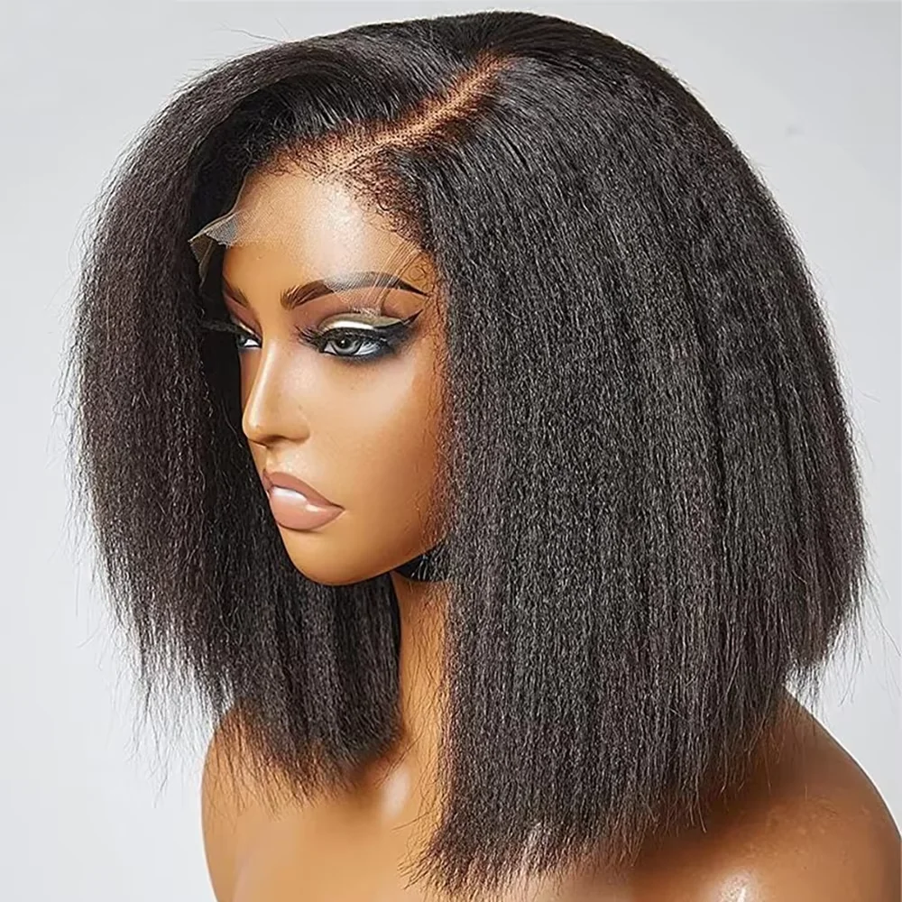 

Kinky Straight 250% Density 13x4 HD Lace Frontal Short Bob Human Hair Wig Peruvian Glueless Lace Front Wig Women Coarse Yaki