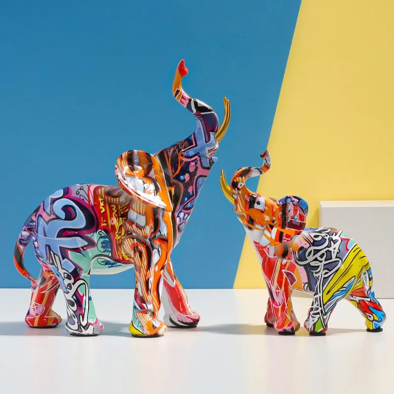 Water Transfer Printing Elephant Sculpture, Resin Animal Craft Ornament for Bedroom, Living Room, Study, and Office Decor