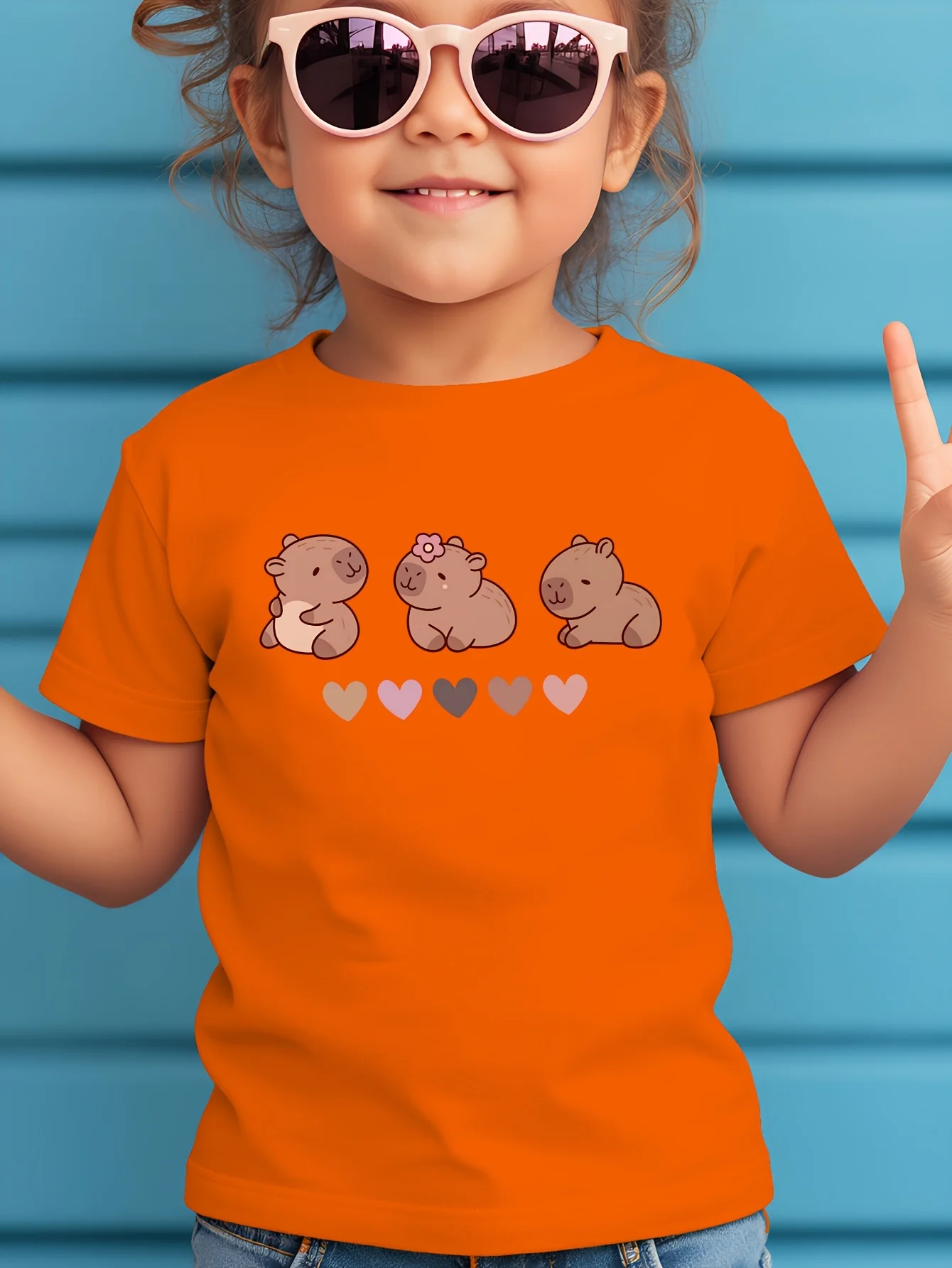 Cute Three Capybara Heart Cartoon Tee Boys Girls Family Matching Short Sleeve Soft Breathable Parent Child Daily Comfort Tops