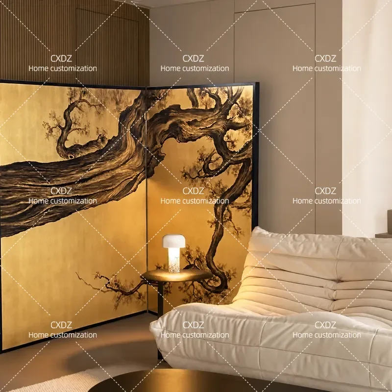 Retro Cream Folding Screen with Gold Foil Pine Ink Painting for Living Room Office Tea Room Entrance Mobile Partition Decor