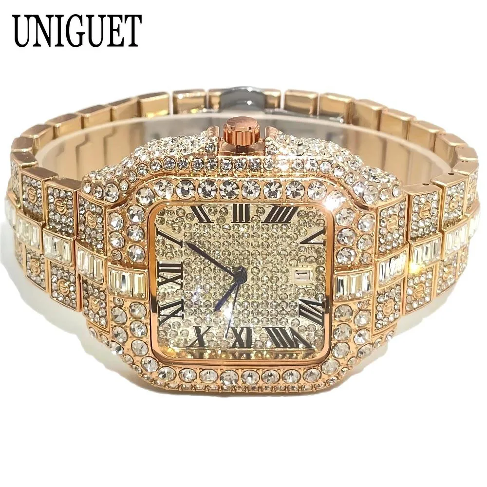 UNIGUET Fashion Watch For Men Luxury Rose Square Iced Out Quartz Watch Man Hip Hop Full Diamond Jewelry Wristwatch Reloj HombreU