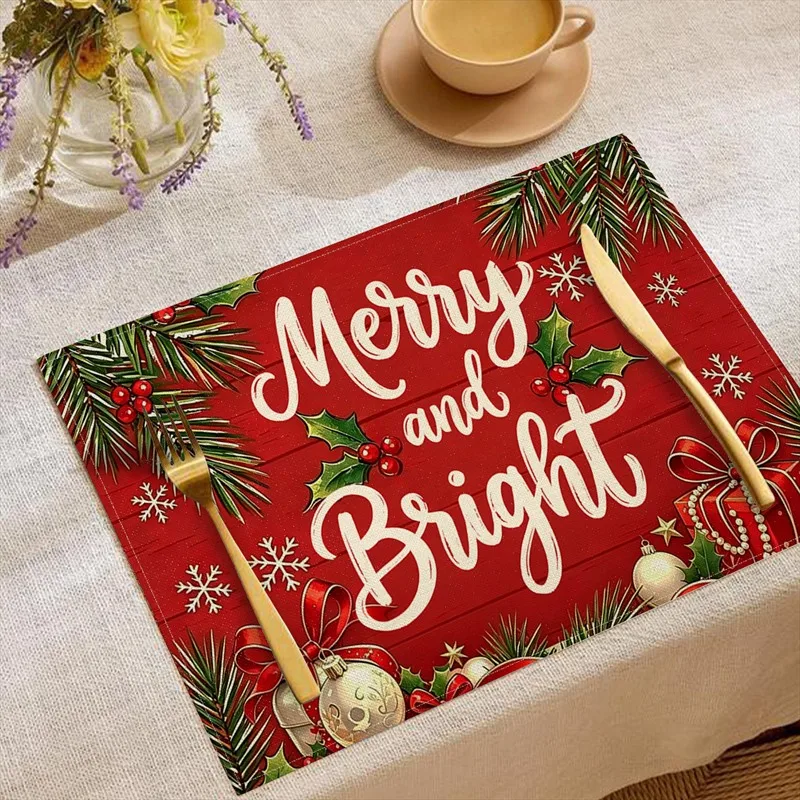 VIKAMA Linen Placemats Red Navy Christmas Sleigh Rustic Trees, Stain Resistant Easy to Clean, Dining Table Decor