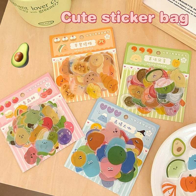 60Pcs Cute Cartoon Stickers Transparent PVC Waterproof Sticker Laptop Scrapbooking Stationery DIY Decoration Decals