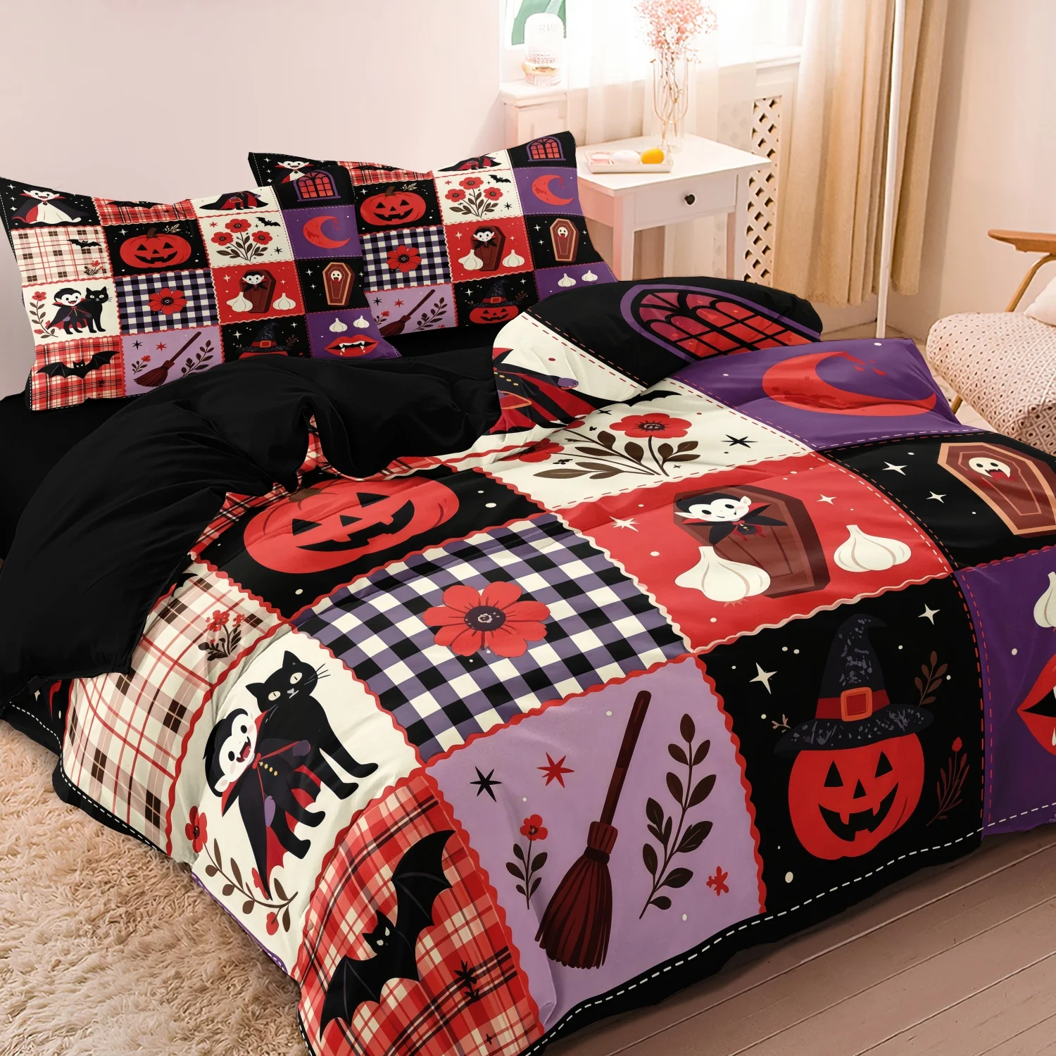 3Pcs Patchwork Print Duvet Cover Set, Color Block Stitched Grid with Vampire Black Cat Broom and Coffin Print Bedding