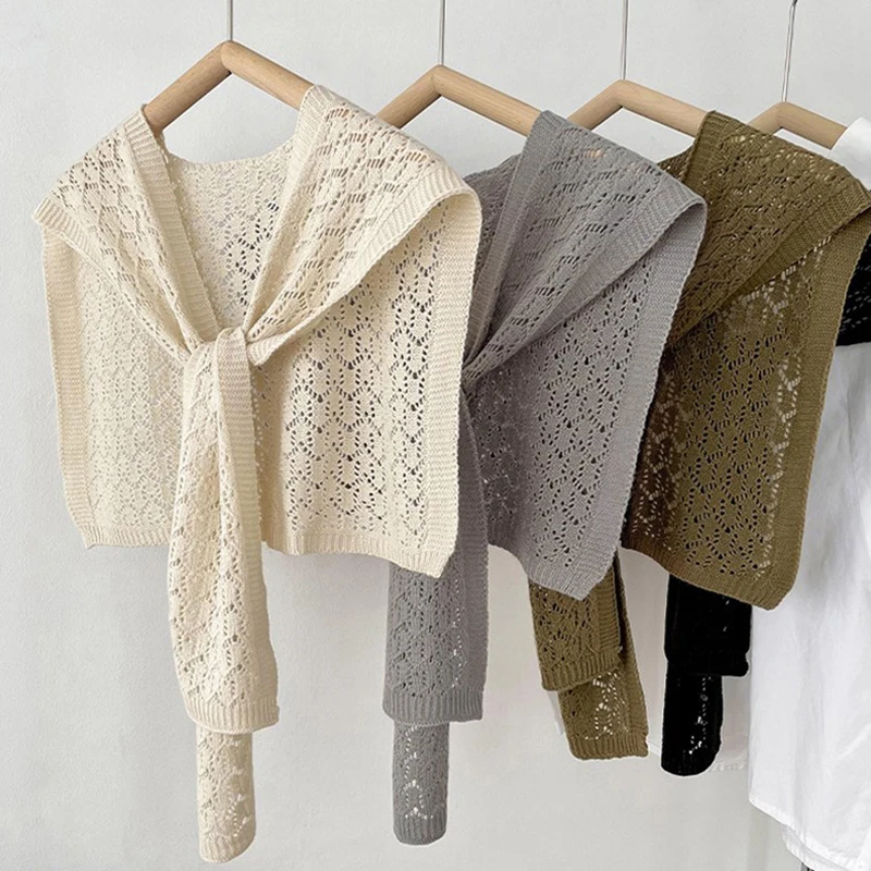 Knitted Hollow Out Shawl Sunscreen Women's Two-sided Big Shawl Fashion All-Match Solid Color Scarf Air Conditioning Room Shawl