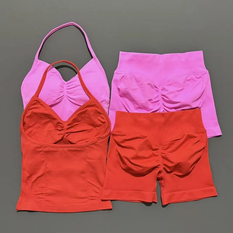 2 قطعة الرياضة اليوغا مجموعة المرأة سلس اليوغا تانك مع منصات قابلة للإزالة أعلى قطب بعقب تجريب طماق دعوى رياضة مجموعات رياضية #5