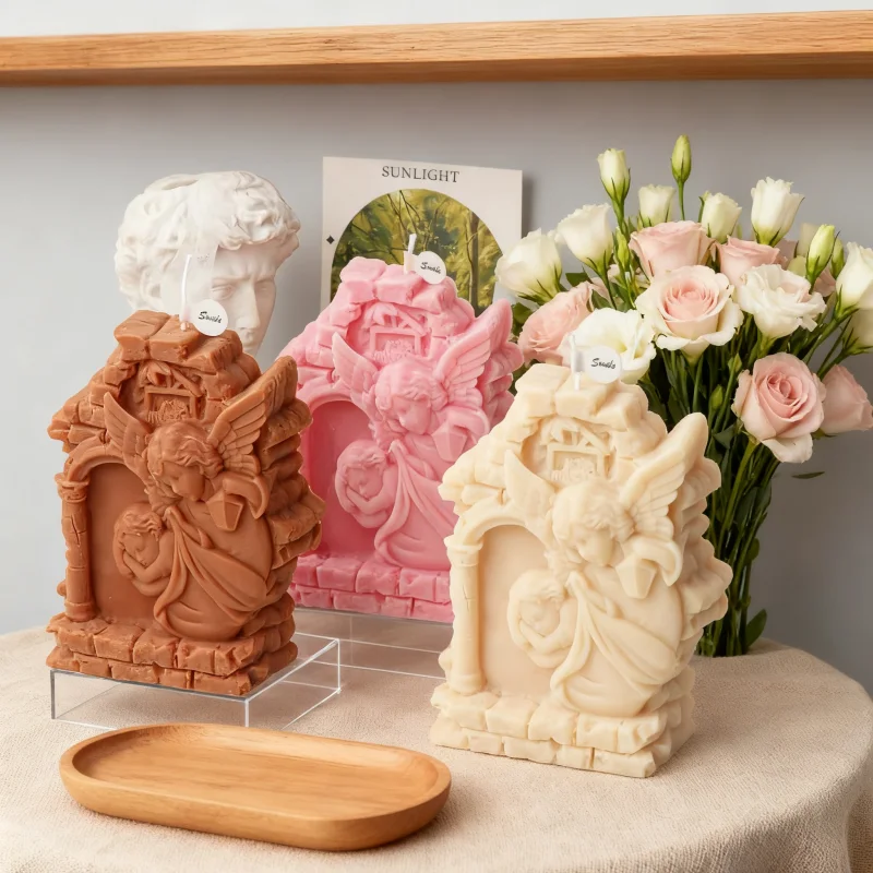 

DIY Ruins Door Frame Wings Two Angels Silicone Mold 3D Sleeping Cute Baby Statue Resin Crafts Plaster Soap Mold Candle Supplies