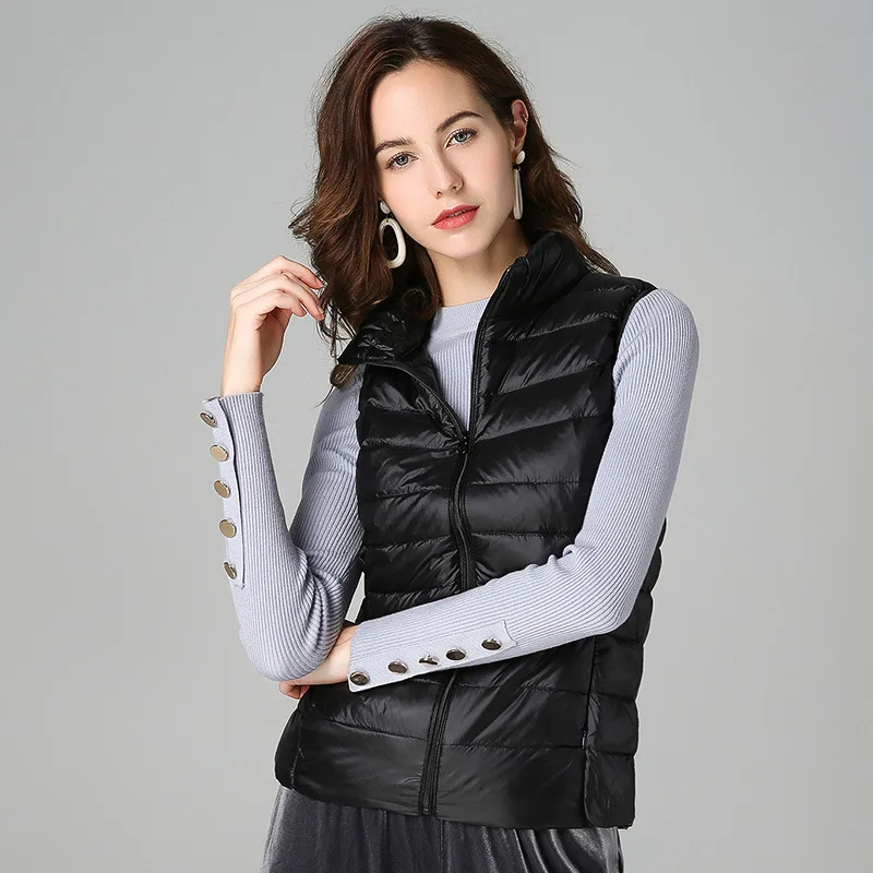 

Vest Women White Duck Down Waistcoat Sleeveless Jacket Parkas Autumn Winter Stand Collar Zipper Warm Coat Lightweight Outerwear