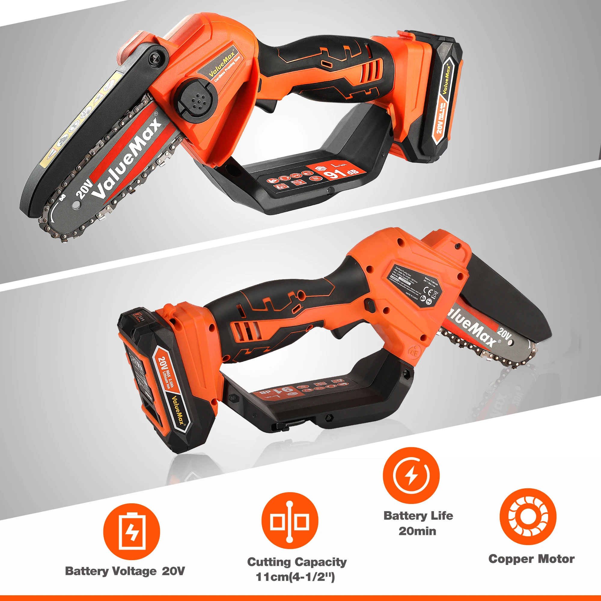 ValueMax 20V sega a catena elettrica per potatura Mini sega a catena ricaricabile per attrezzi per la lavorazione del legno da giardino di casa con batterie agli ioni di litio