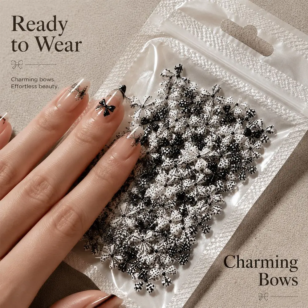 50Pcs Stylish Mixed Bow Nail Charms Black White Polka Dot Plaid Stereo Decors For DIY False Nails Manicure Art Accessories