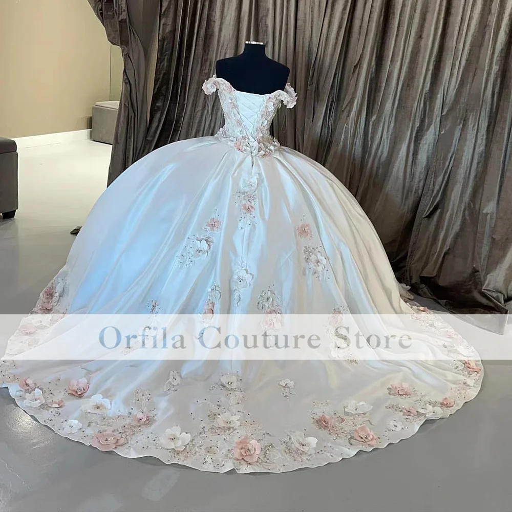 Branco cetim quinceanera vestidos fora do ombro apliques flores vestido de baile doce 16 vestidos de 15 años tamanho personalizado