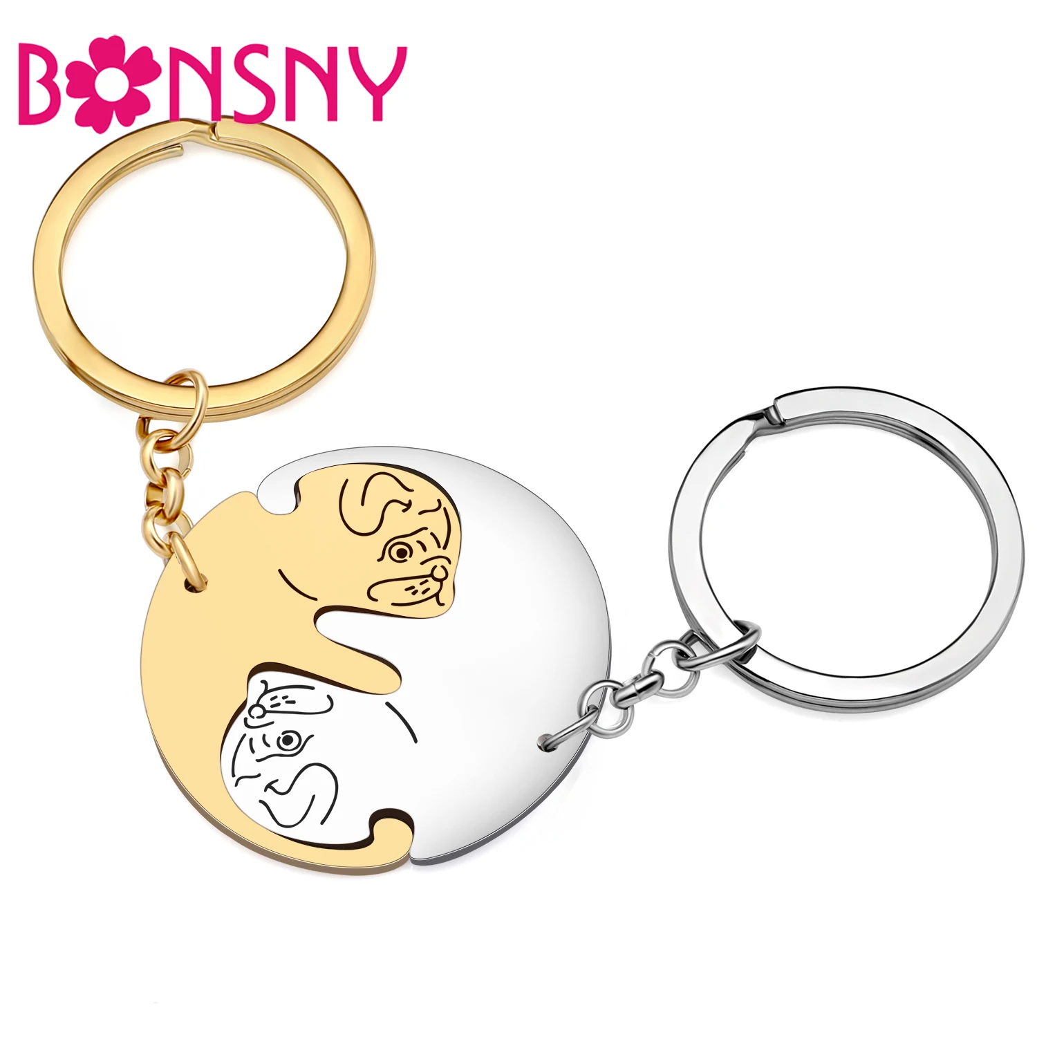 Bonsny Stainless Steel 2PCS Gold Silver-plated Cute Pug Dog Keychains Animals Pet Bag Charm Key Chains Lovers Keyring Decoration