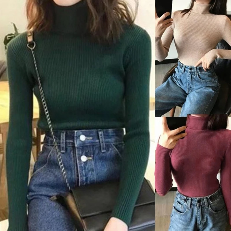 

573B Autumn Turtleneck Ribbed Sweaters for Women Multicolor Knitted Warm Fitted Fashion Pullover Top Color Basic Shirt