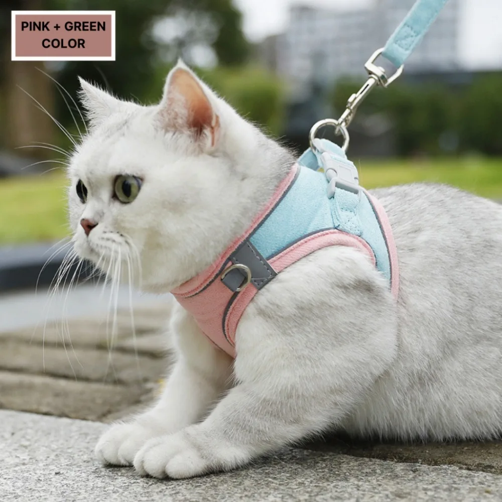 Suede Color Block Cat Harness Leash Set Escape Proof Dog Vest Harness Adjustable Walking Rope Lead for Cats Small Dogs view 4