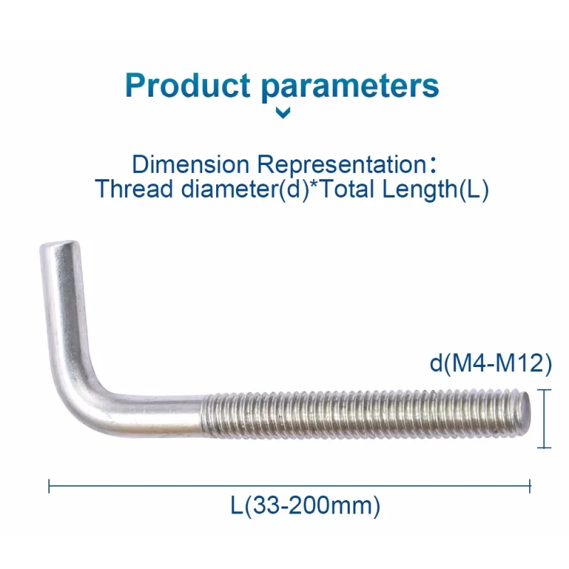 M4 M5 M6 M8 M10 M12 304 Stianless Steel L-shaped Right Angle Anchor Screw Right Angle Bolt
