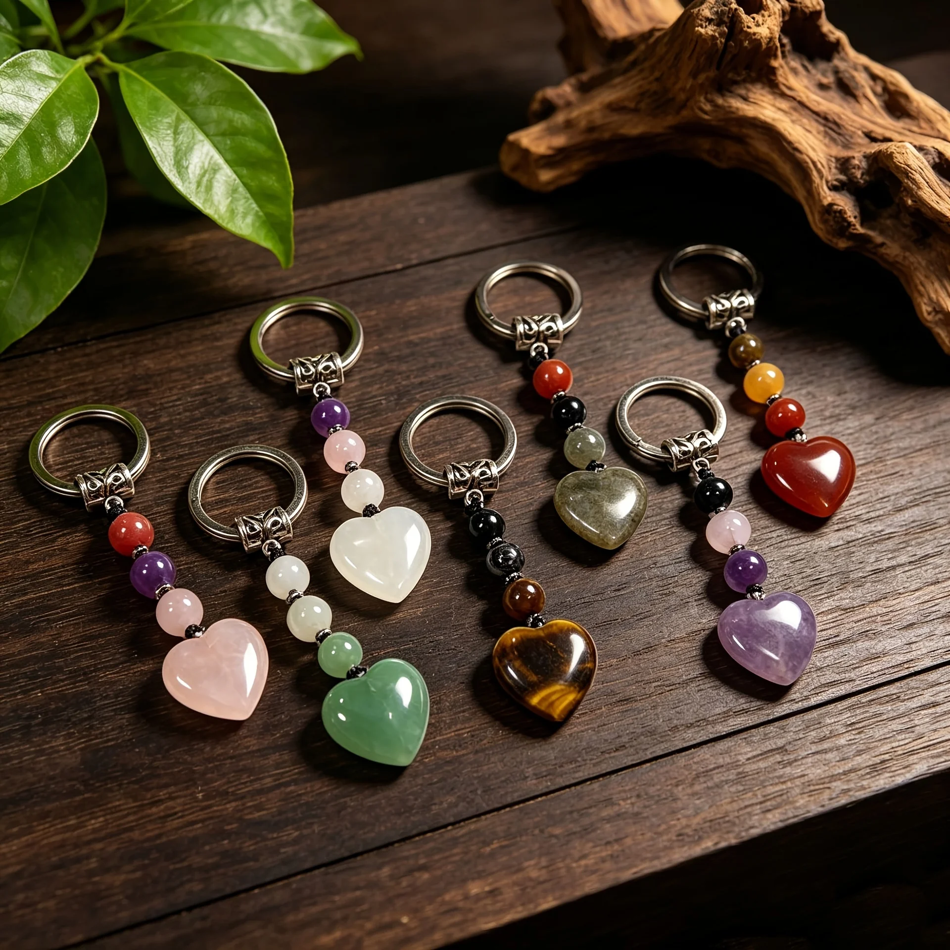 Heart shaped natural stone key pendant rose quartz moonstone heart pendant retro iron ring keychain gift