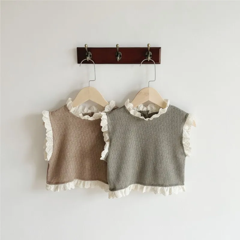 

Newborn Girl Cotton knitted Lace Vest Coat Infant Toddler Hollow Out sleeveless Ruffle Tops Spring Autumn Baby Clothes 3M-18M