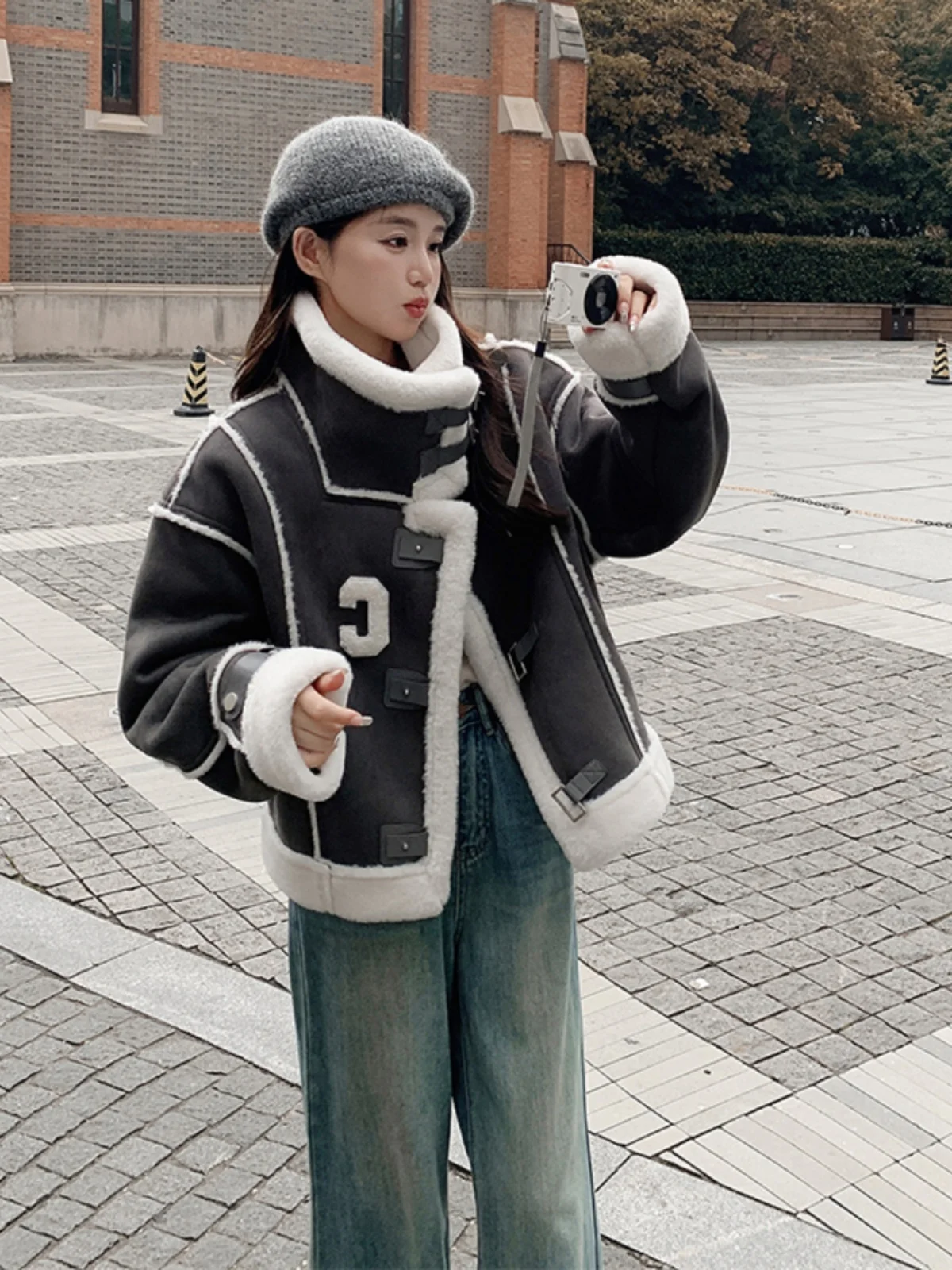 ay Suede Lamb Fur Jaet Women's ort Thiened Autumn Winter Design Unique Motorcycle Sle Commute Sle Long Sve