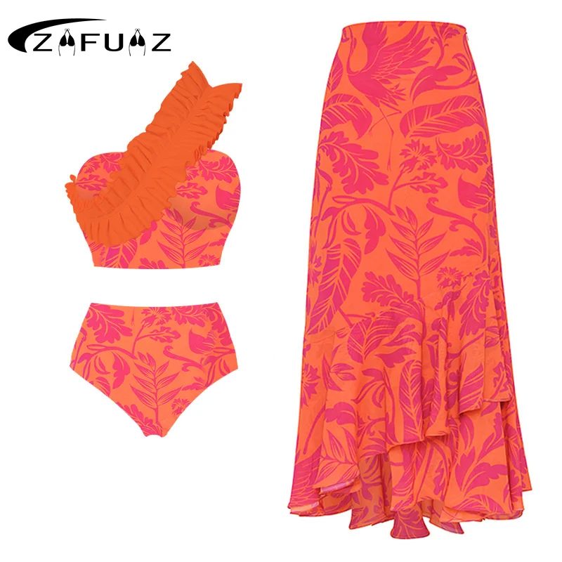 

ZAFUAZ Shoulder Ruffle Swimsuit With Cover Up Luxury Swimwear Women Floral Swim Suit Sexy Bikini Bathingsuit Bodysuit Beachwear