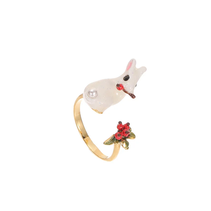 Sweet Fashion Hand-painted Enamel Glaze Stereo Sequin Pearl Bunny Berry Open Adjustable Ring Gold Plated Jewelry Female Y2k Ring