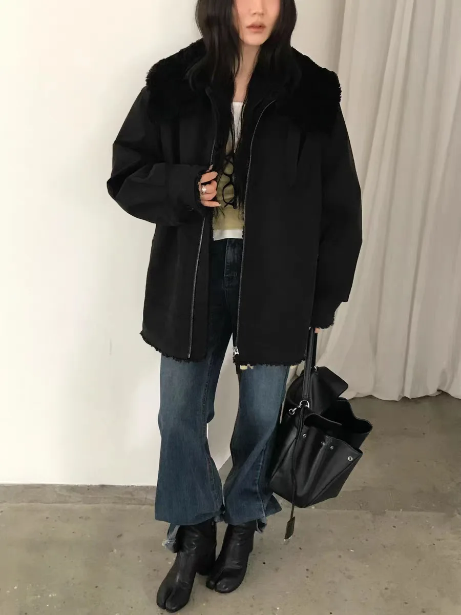 

East Gate, дизайнерская рабочая одежда в стиле ретро, парка Jaet, женское длинное пальто средней длины с капюшоном на молнии и мехом ягненка в стиле пэчворк