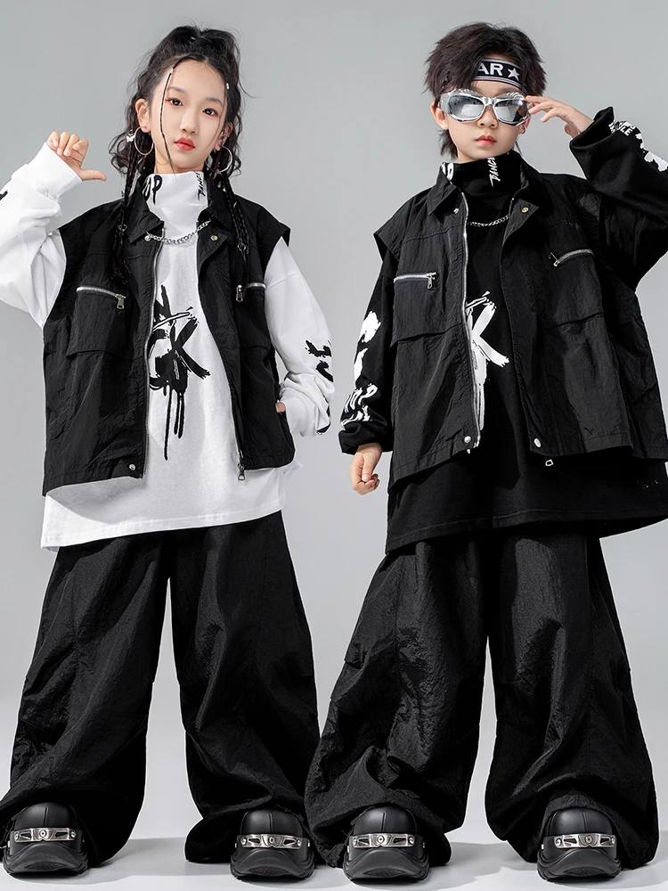 Hip Hop Tanzkostüm Kinder Schwarz Jazz Performance Outfit Oversize Top Shuffle Hose Jungen Mädchen Mode Street Dancewear 4612