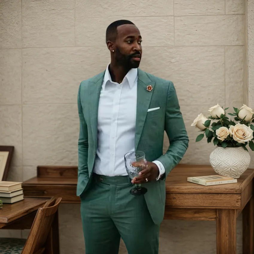 

New Green Suits for Men Peaked Lapel 2 Piece Jacket Pants Set Slim Fit Male Suit Business Gentleman Formal Blazer Costume Homme